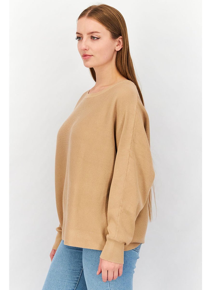 Tchibo - Women Round Neck Long Sleeves Knit Sweater, Dark Beige - Image 1