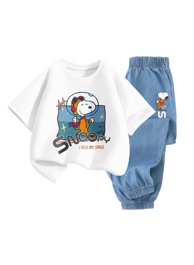 Snoopy Boys And Girls Short Sleeve T-shirt And Jeans Two-piece Children's Short Sleeve Set White Space + Dark Blue Space 110 - Image 1