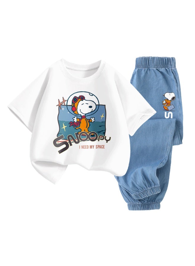 Snoopy Boys And Girls Short Sleeve T-shirt And Jeans Two-piece Children's Short Sleeve Set White Space + Dark Blue Space 110 - Image 2