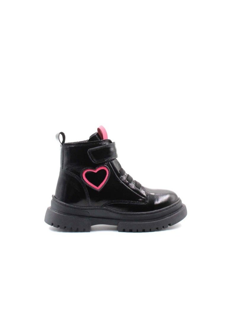 Fast Step Girls Black Leather Boots with Pink Heart Detail - Image 2