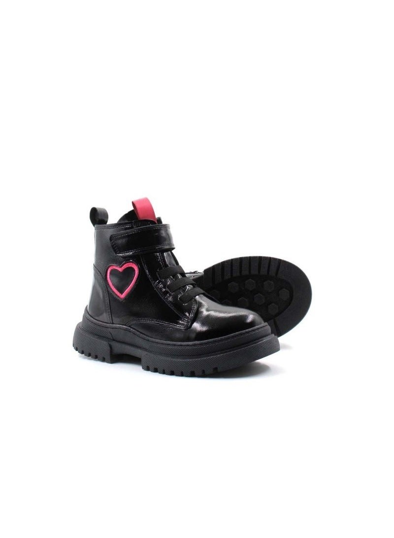 Fast Step Girls Black Leather Boots with Pink Heart Detail - Image 1