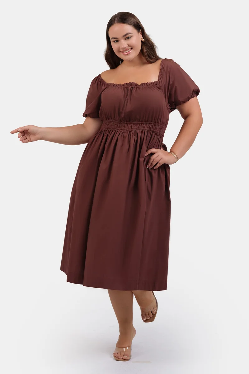 فيرجيو Solid Cotton Midi Plus Size Dress With Ruffle Detail for Women