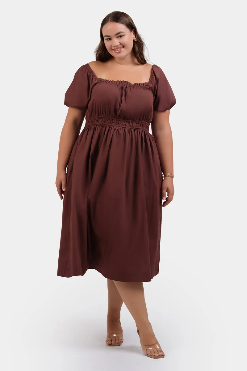 فيرجيو Solid Cotton Midi Plus Size Dress With Ruffle Detail for Women