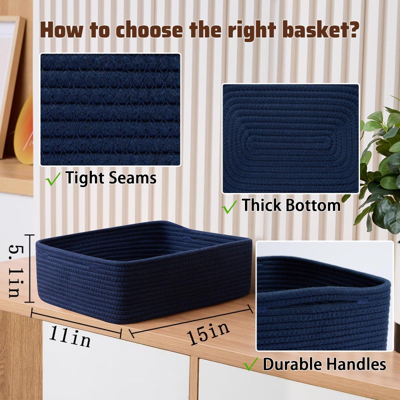 MiniArk Large Shallow Organizing Baskets 15x11x5.1 Inches - Rope Woven Storage Bins for Bathroom, Shelves, Cube Closet, Navy Blue 2 Packs - Image 2