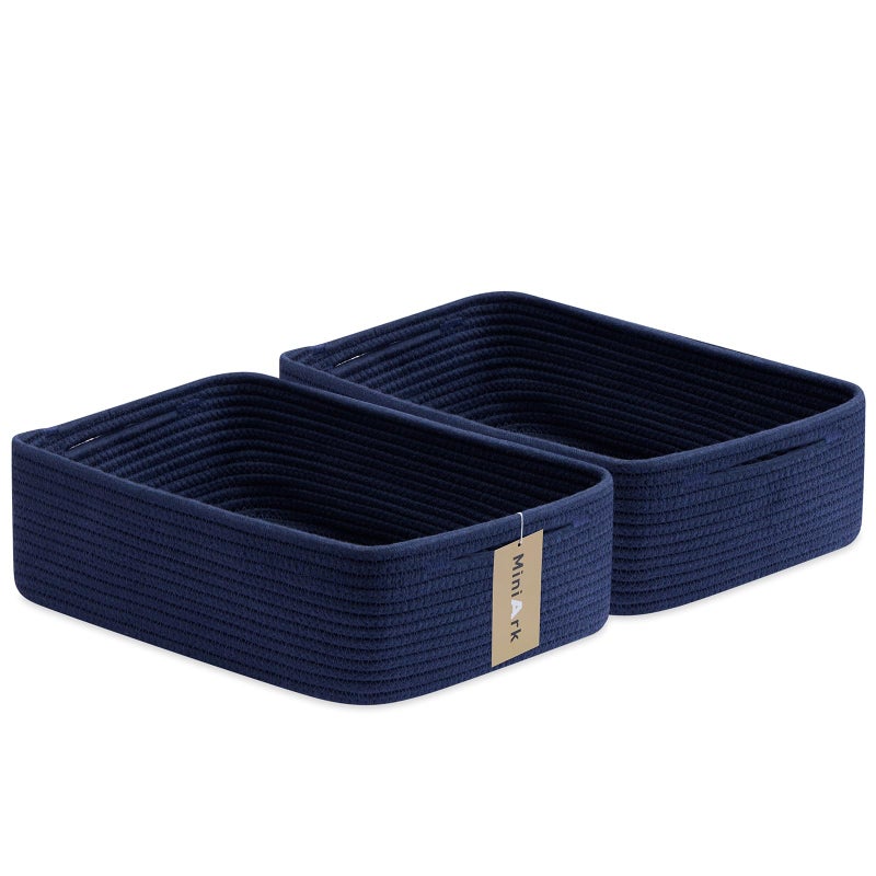 MiniArk Large Shallow Organizing Baskets 15x11x5.1 Inches - Rope Woven Storage Bins for Bathroom, Shelves, Cube Closet, Navy Blue 2 Packs - Image 1