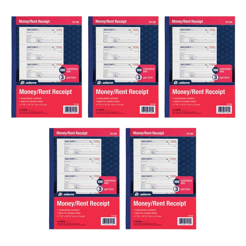 Adams Money and Rent Receipt Books 3Part Carbonless 758 x 1078 Bound Wraparound Cover 100 Sets per Book 4 Receipts per Page 5 Books per Pack TC11825