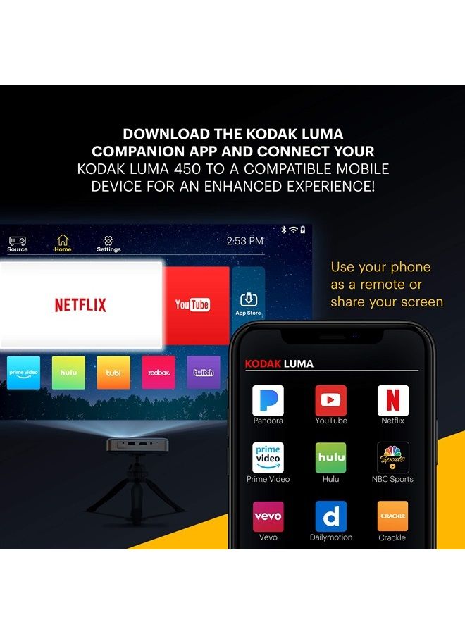 Kodak Luma 450 Portable Full HD Smart Projector | Wi-Fi, Bluetooth, HDMI & USB Compatible Mini Home Theater System Up to 150” | 1080p Native Resolution (4K), 200 Lumens | Tripod Included - Image 3