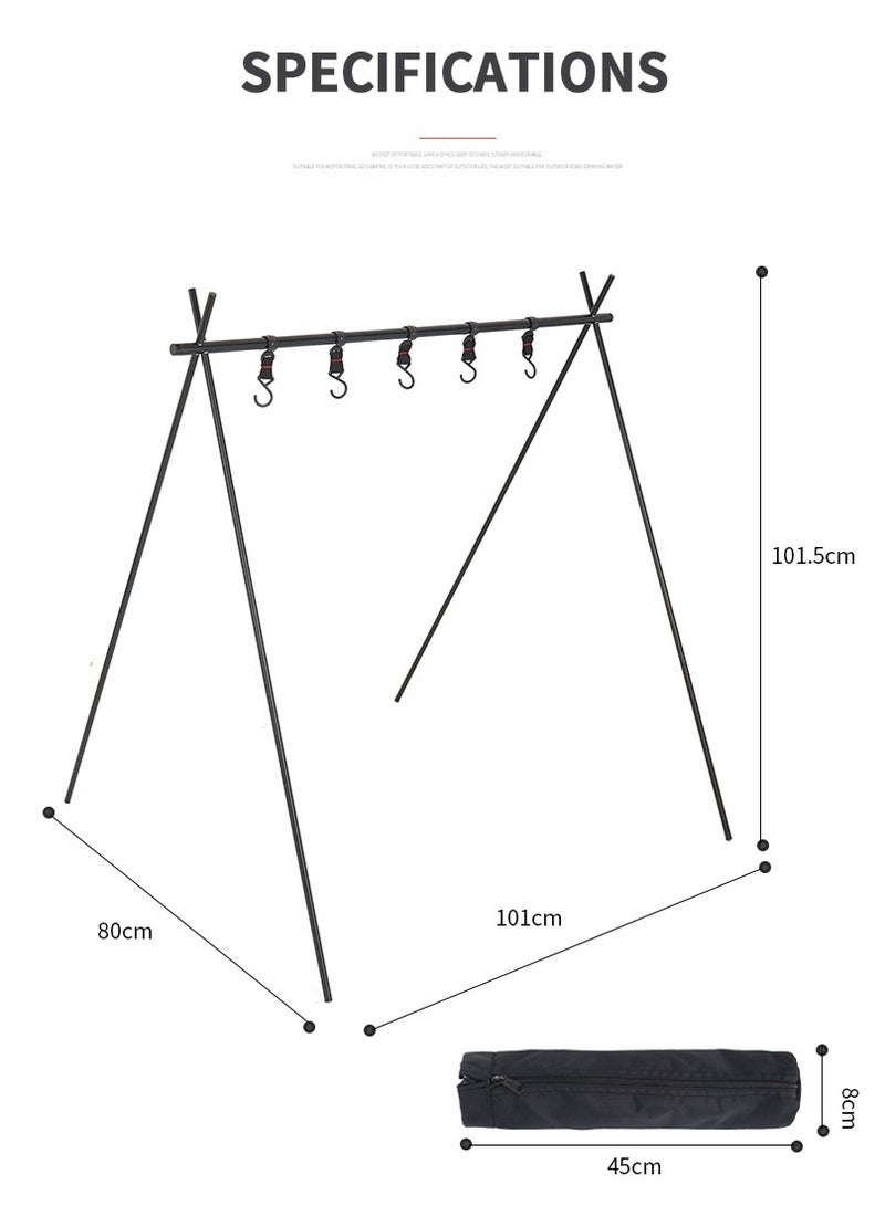 Portable Camping Hanging Rack - Foldable 5-Hook Metal Tripod Stand Hanging Organizer for Camping Gear Outdoor Cookware, 101x80x101.5cm, Black - Image 2