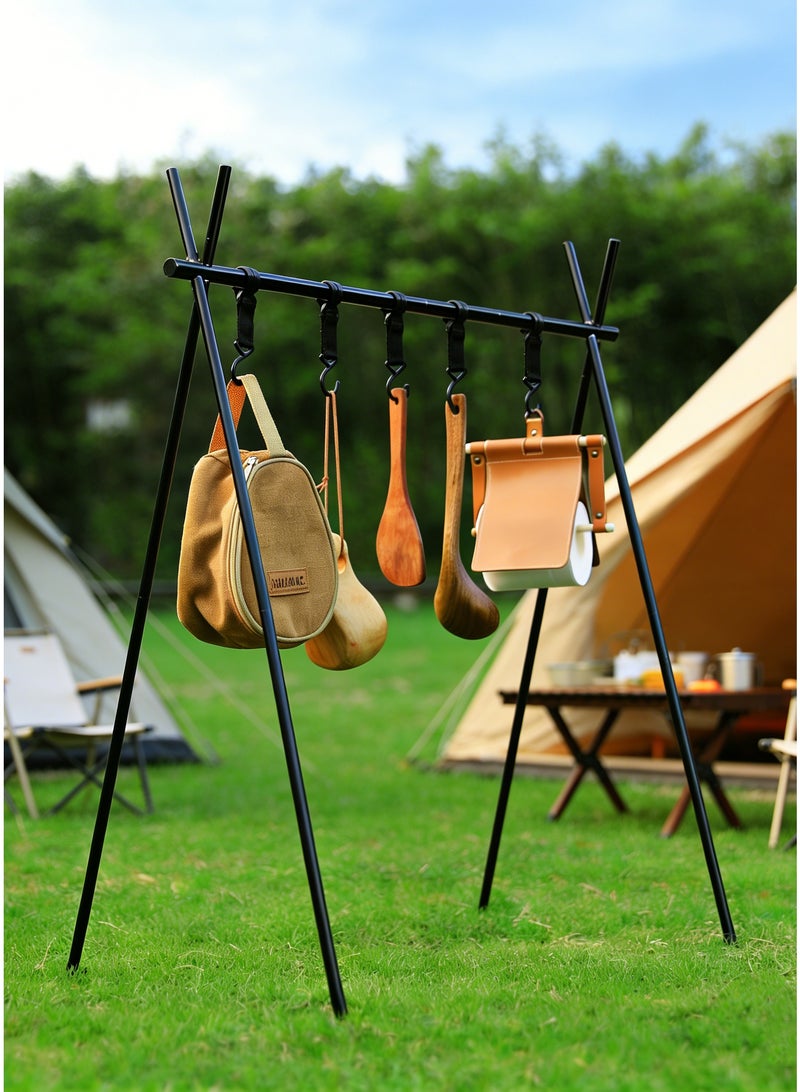 Portable Camping Hanging Rack - Foldable 5-Hook Metal Tripod Stand Hanging Organizer for Camping Gear Outdoor Cookware, 101x80x101.5cm, Black - Image 1