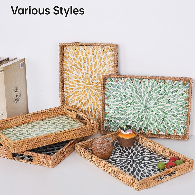 Tynulox Rectangle Rattan Tray with Mother of Pearl Inlay, Rattan Serving Tray with Handle for Coffee, Bread, Fruits, Snacks, Decorative Wicker Tray for Table Decor (Rectangle Dark Blue Leaf, 13"Ã—9") - Image 4