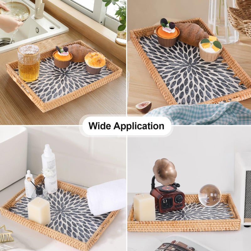 Tynulox Rectangle Rattan Tray with Mother of Pearl Inlay, Rattan Serving Tray with Handle for Coffee, Bread, Fruits, Snacks, Decorative Wicker Tray for Table Decor (Rectangle Dark Blue Leaf, 13"Ã—9") - Image 2