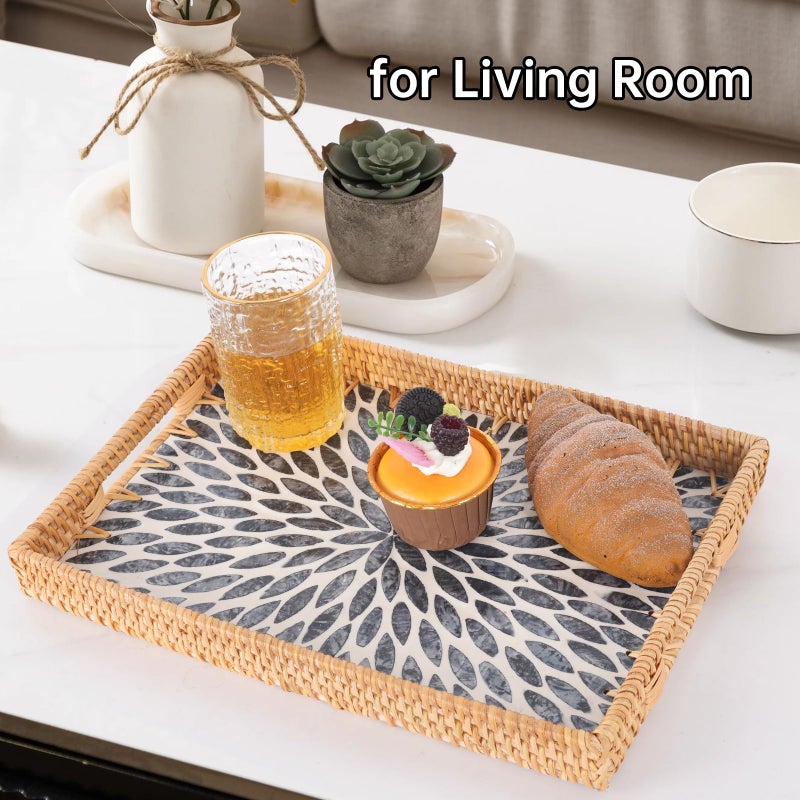 Tynulox Rectangle Rattan Tray with Mother of Pearl Inlay, Rattan Serving Tray with Handle for Coffee, Bread, Fruits, Snacks, Decorative Wicker Tray for Table Decor (Rectangle Dark Blue Leaf, 13"Ã—9") - Image 5