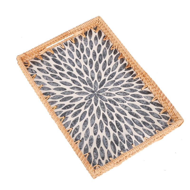 Tynulox Rectangle Rattan Tray with Mother of Pearl Inlay, Rattan Serving Tray with Handle for Coffee, Bread, Fruits, Snacks, Decorative Wicker Tray for Table Decor (Rectangle Dark Blue Leaf, 13"Ã—9") - Image 1