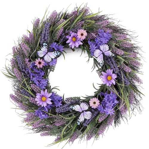 Valery Madelyn Spring Lavender Wreaths for Front Door Artificial Floral Summer Wreath with Lights Purple Bellflower Berries Butterfly for Home Outside Wedding Porch Window Arch Decor18 - Image 1