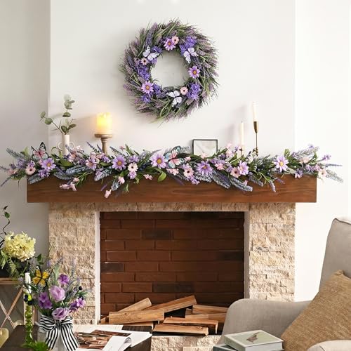 Valery Madelyn Spring Lavender Wreaths for Front Door Artificial Floral Summer Wreath with Lights Purple Bellflower Berries Butterfly for Home Outside Wedding Porch Window Arch Decor18 - Image 3