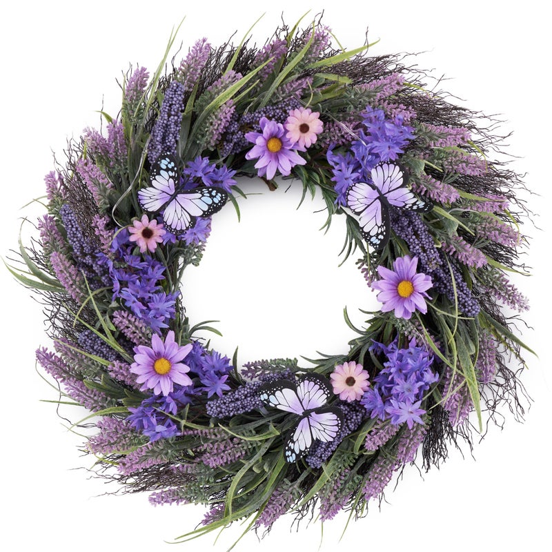 Valery Madelyn Spring Lavender Wreaths for Front Door Artificial Floral Summer Wreath with Lights Purple Bellflower Berries Butterfly for Home Outside Wedding Porch Window Arch Decor18 - Image 2