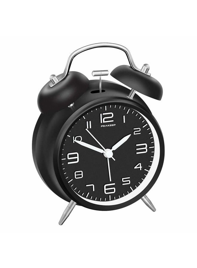 Peakeep 4 Inches Twin Bell Loud Alarm Clock for Heavy Sleepers, Backlight, Battery Operated Old Fashioned Alarm Clock for Bedrooms (Black) - Image 1