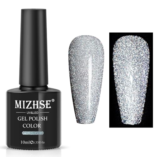 MIZHSE Reflective Glitter Gel Nail Polish, Silver Nail Gel Sparkly Shiny Gel Polish, Soak Off Nail Art Salon Varnish for Beginners Manicure DIY at Home - Image 1