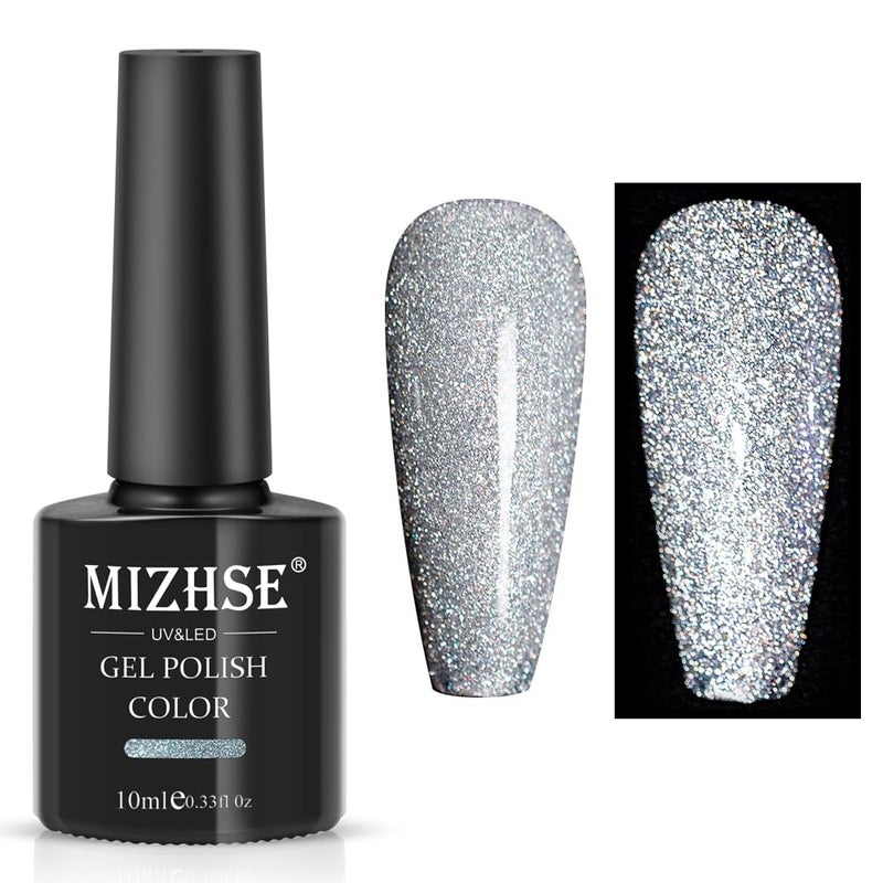 MIZHSE Reflective Glitter Gel Nail Polish, Silver Nail Gel Sparkly Shiny Gel Polish, Soak Off Nail Art Salon Varnish for Beginners Manicure DIY at Home - Image 2