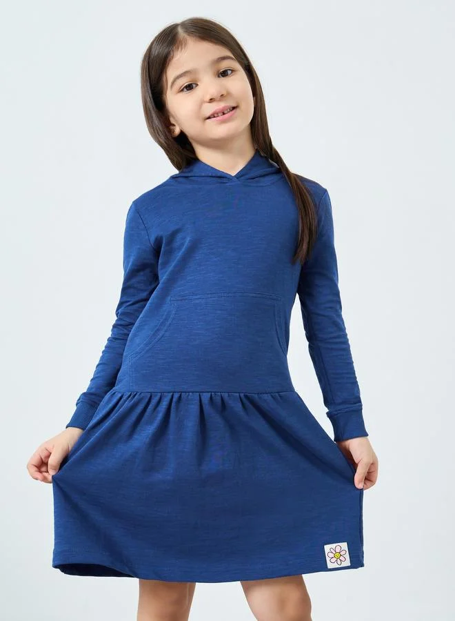 Styli Styli Girls Blue Hooded Dress with Front Pocket
