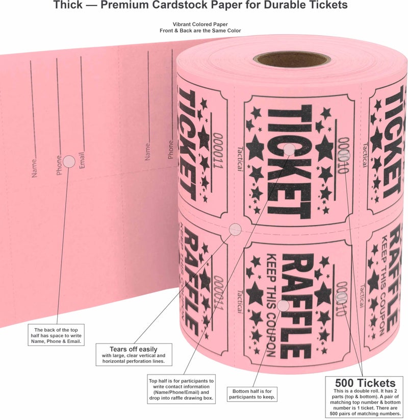Tacticai 500 Raffle Tickets, Pink (1 of 8 Colors), Double Roll, Large Ticket for Events, Entry, Class Reward, Fundraiser & Prizes - Image 2