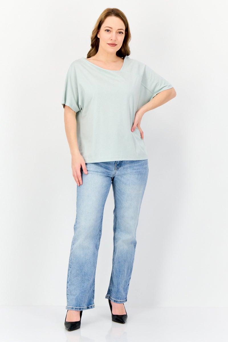 GIORDANO تي شيرت نسائي بأكمام قصيرة و ياقة غير متساوية، أخضر نعناعي - Image 2