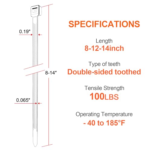 JIANYANG Zip Ties Assorted Size,8+12+14 Inch V-Shaped Toothed Double Sided Toothed,100 LBS Tensile Strength Heavy Duty Cable Wire Ties More Durable Nylon Tie Wraps for Indoor Outdoor（1000 Pack） - Image 2
