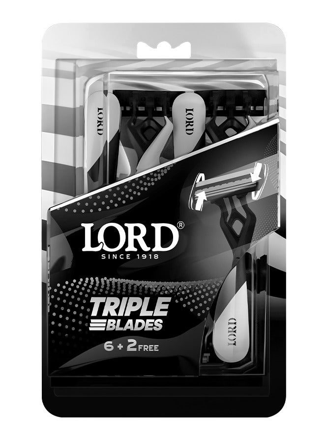 LORD Triple Blades Disposable Razors, 6+2 free "White" - Premium Pack