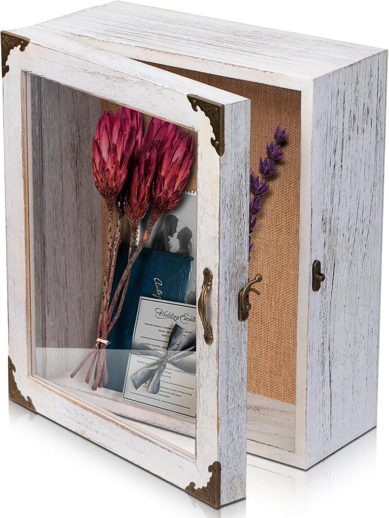 KAASTHAA Shadow Box 11x13 Display Case, 5 Inch Extra Deep Shadow Box Frame , Acrylic Door, White Solid Wood Shadow Box with Linen Back & Pins, Rustic Metal Corners, Wall Mounted Keepsake Display Cabinet - Image 1