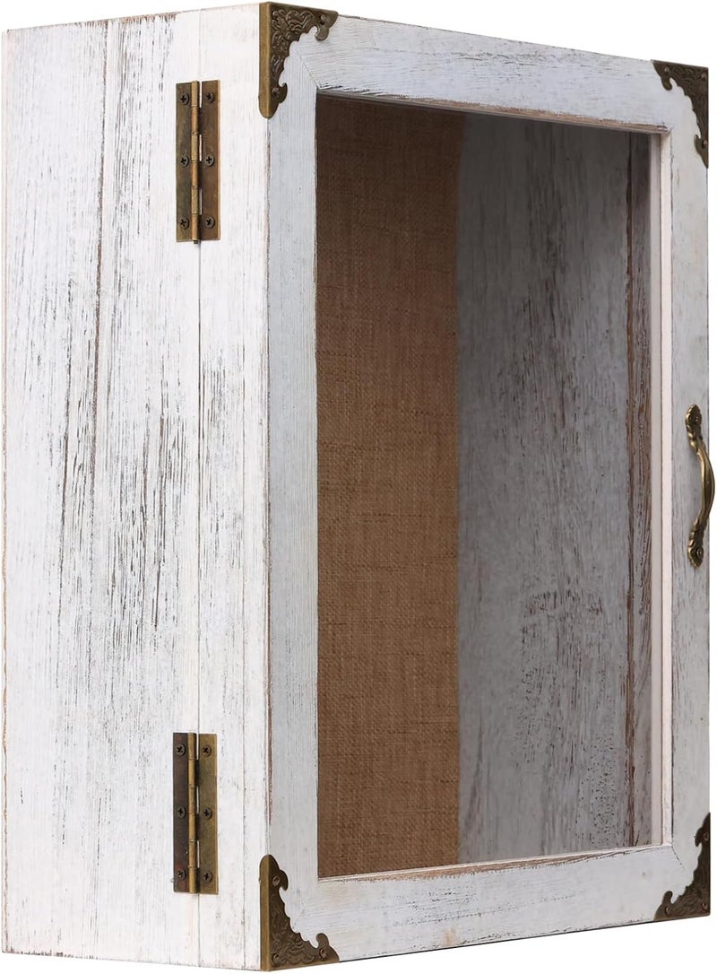 KAASTHAA Shadow Box 11x13 Display Case, 5 Inch Extra Deep Shadow Box Frame , Acrylic Door, White Solid Wood Shadow Box with Linen Back & Pins, Rustic Metal Corners, Wall Mounted Keepsake Display Cabinet - Image 4