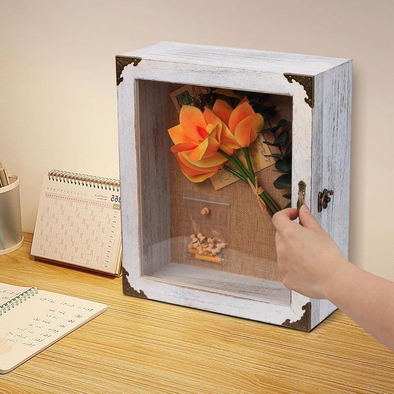 KAASTHAA Shadow Box 11x13 Display Case, 5 Inch Extra Deep Shadow Box Frame , Acrylic Door, White Solid Wood Shadow Box with Linen Back & Pins, Rustic Metal Corners, Wall Mounted Keepsake Display Cabinet - Image 5