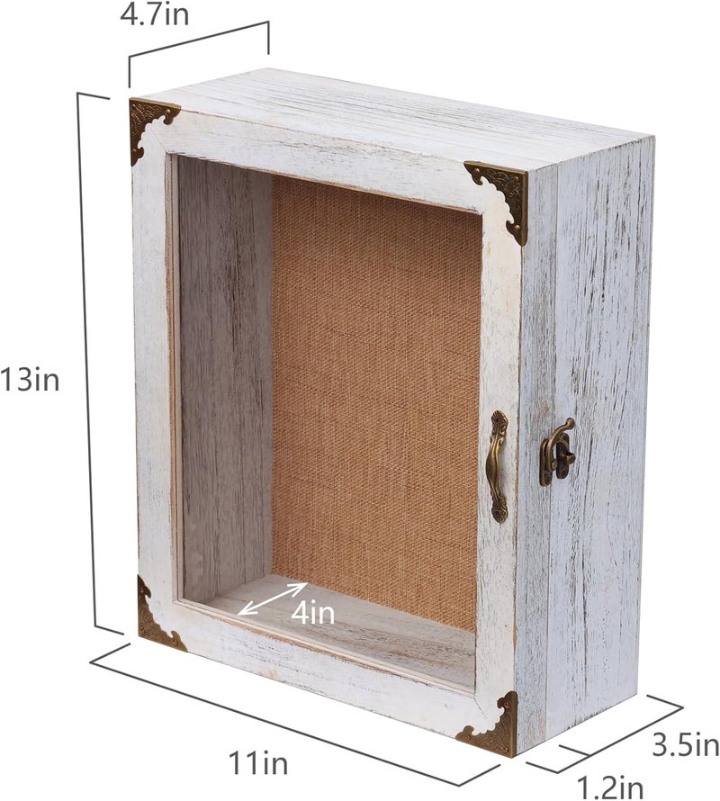 KAASTHAA Shadow Box 11x13 Display Case, 5 Inch Extra Deep Shadow Box Frame , Acrylic Door, White Solid Wood Shadow Box with Linen Back & Pins, Rustic Metal Corners, Wall Mounted Keepsake Display Cabinet - Image 3