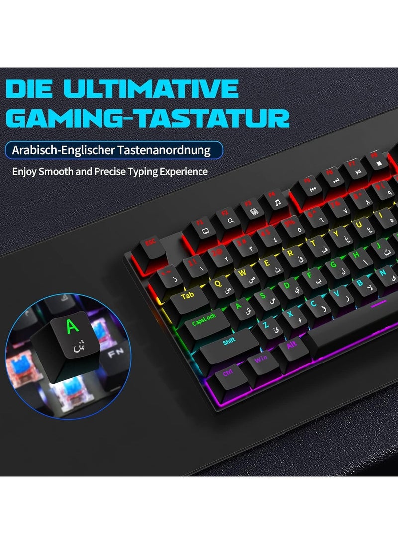 English Arabic Mechanical Gaming Keyboard with LED Backlit, 104 Keys Quick Response USB Interface E-sport Waterproof Wired Keyboard for Windows,MacOS,Android PC Gamers Black - Image 4