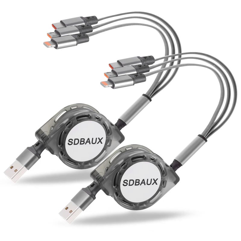 SDBAUX 2Pack Multi USB Charger Cable Retractable 3 in 1 Multiple Charging Cord Adapter with Mini Type C Micro USB Port Connectors Compatible with Cell Phones Tablets Universal Use (3.3ft/Gray) - Image 1