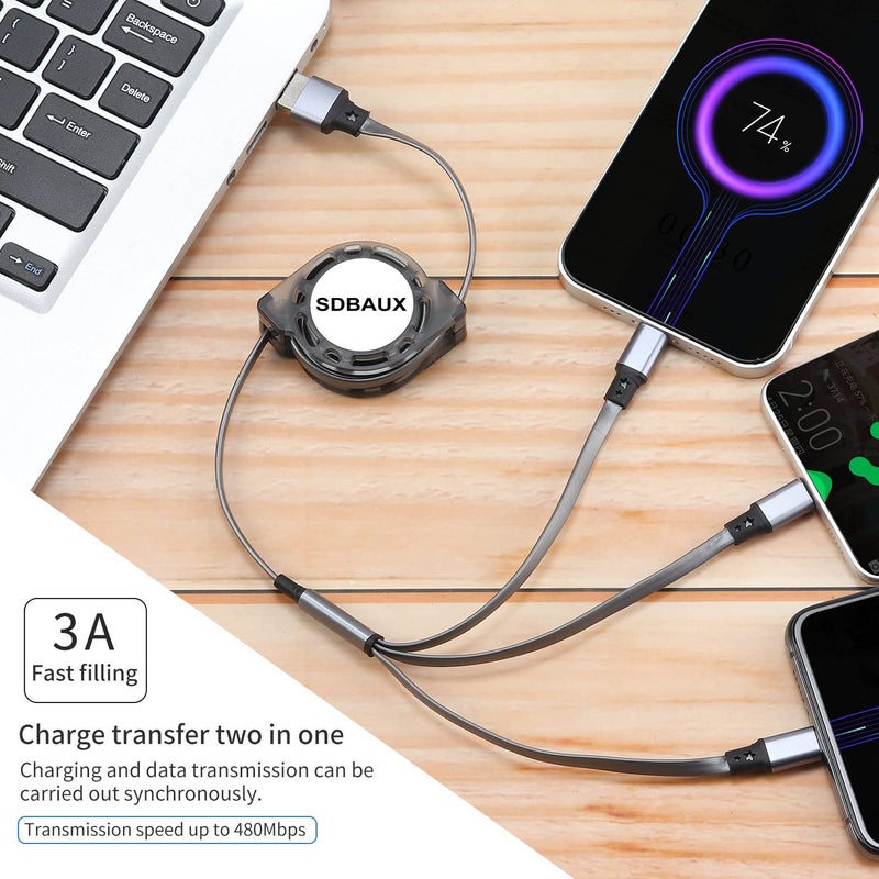 SDBAUX 2Pack Multi USB Charger Cable Retractable 3 in 1 Multiple Charging Cord Adapter with Mini Type C Micro USB Port Connectors Compatible with Cell Phones Tablets Universal Use (3.3ft/Gray) - Image 2