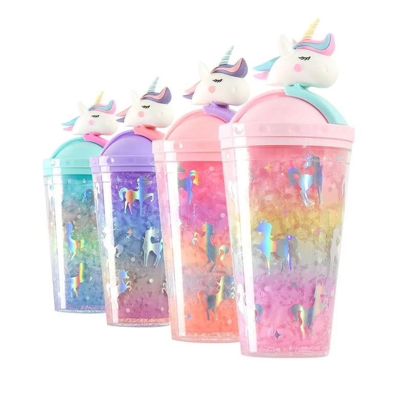 Gurjas Fancy Kitchen Gurjas Fancy Kitchen Plastic Slide and Open Unicorn Glitter Sipper GlassTumbler with Straw with Toy on Top for Kids 450 ml Multicolour 1pec  - Image 1