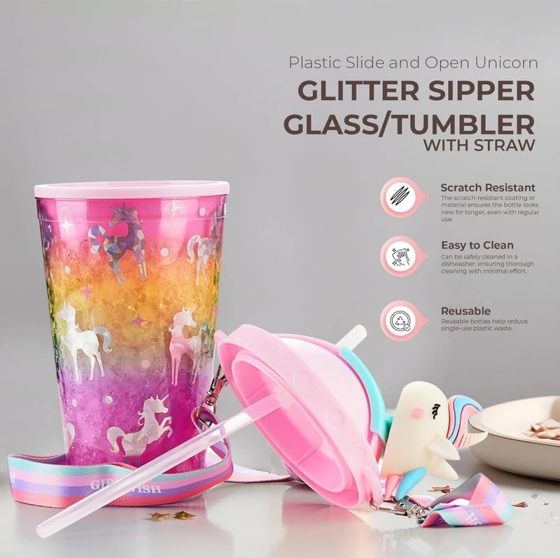 Gurjas Fancy Kitchen Gurjas Fancy Kitchen Plastic Slide and Open Unicorn Glitter Sipper GlassTumbler with Straw with Toy on Top for Kids 450 ml Multicolour 1pec  - Image 5