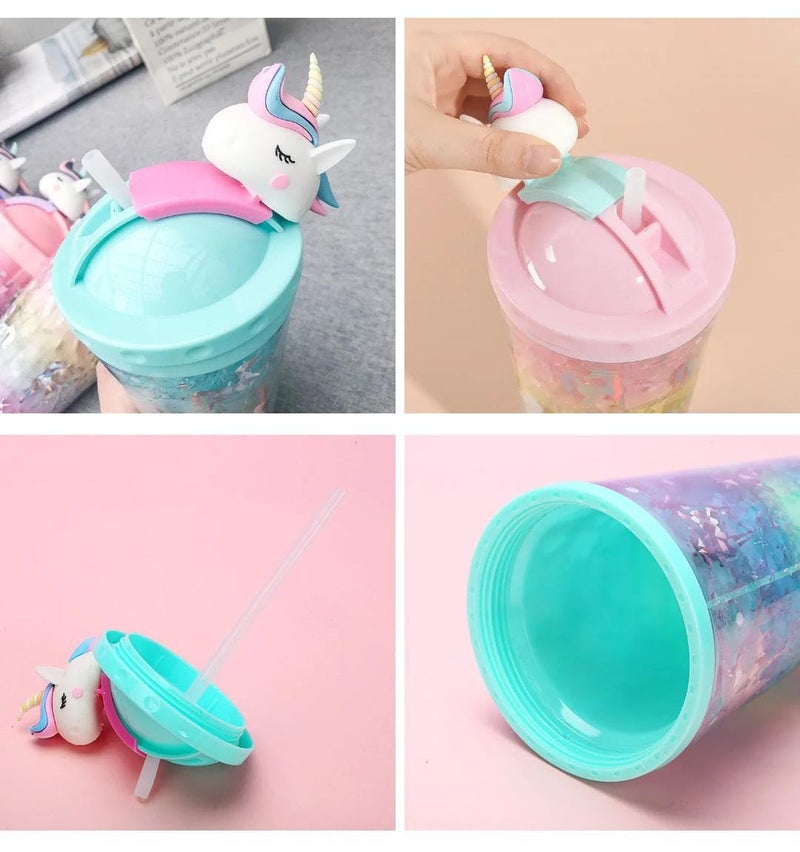 Gurjas Fancy Kitchen Gurjas Fancy Kitchen Plastic Slide and Open Unicorn Glitter Sipper GlassTumbler with Straw with Toy on Top for Kids 450 ml Multicolour 1pec  - Image 3