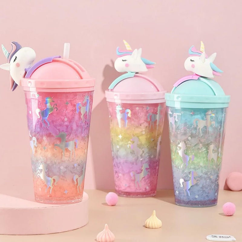 Gurjas Fancy Kitchen Gurjas Fancy Kitchen Plastic Slide and Open Unicorn Glitter Sipper GlassTumbler with Straw with Toy on Top for Kids 450 ml Multicolour 1pec  - Image 4