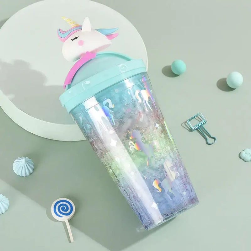 Gurjas Fancy Kitchen Gurjas Fancy Kitchen Plastic Slide and Open Unicorn Glitter Sipper GlassTumbler with Straw with Toy on Top for Kids 450 ml Multicolour 1pec  - Image 2