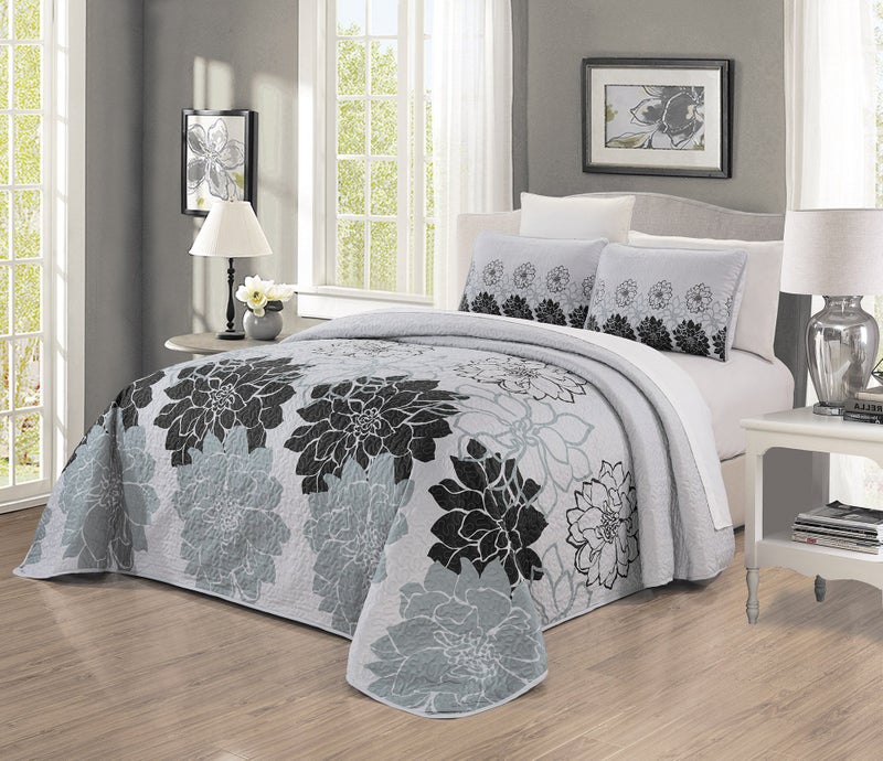 Grand Linen 3-Piece Fine Printed Oversize (115" X 95") Quilt Set Reversible Bedspread Coverlet King Size Bed Cover (Black, Gray, Grey Floral)