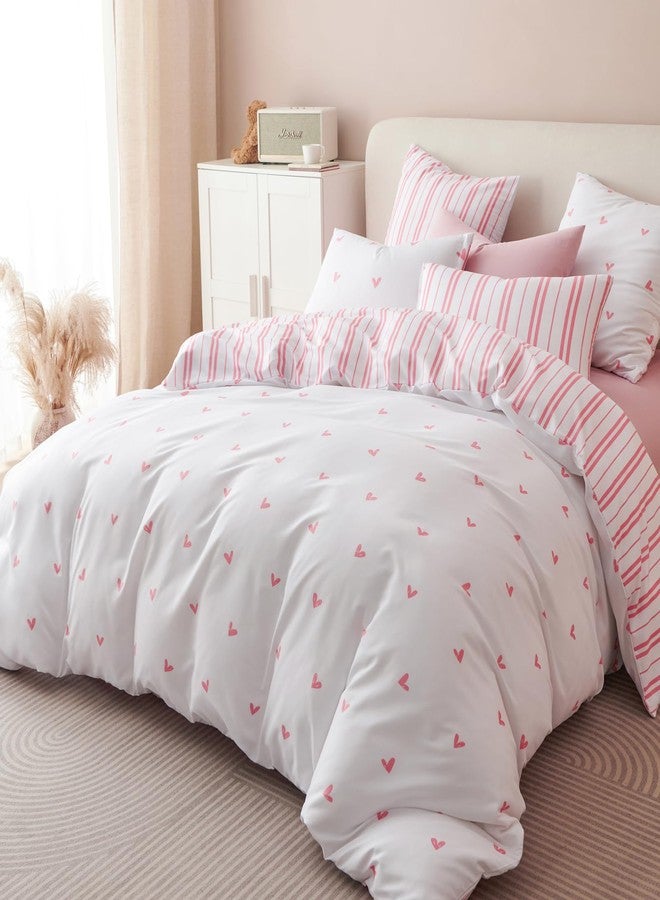 Bildenly Duvet Cover Queen Size White Pink Love Heart Striped Reversible Comforter Cover Soft & Lightweight Microfiber Quilt Cover with Zipper Closure and 2 Pillowcases - Image 2