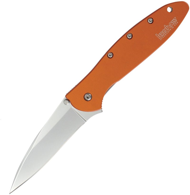 Kershaw Leek, Orange Pocket Knife (1660OR), 3 Bead-Blasted High-Performance Sandvik 14C28N Steel Blade, Orange Anodized Aluminum Handle, SpeedSafe Assisted Opening, Liner and Tip Lock Slider; 2.4 OZ - Image 1