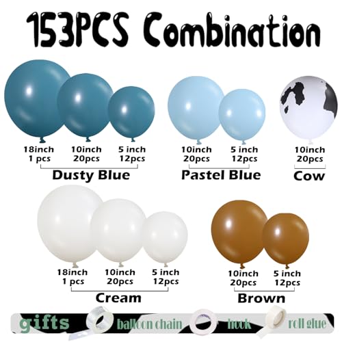 Vztipki 153 PCS Dusty Blue Cow Balloon Arch Garland Kit Dusty Blue Pastel Blue Brown Cream and Cow Print Balloons for Baby Shower Birthday Farm Western and Cowboy Theme Party Decorations - Image 5