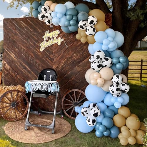 Vztipki 153 PCS Dusty Blue Cow Balloon Arch Garland Kit Dusty Blue Pastel Blue Brown Cream and Cow Print Balloons for Baby Shower Birthday Farm Western and Cowboy Theme Party Decorations - Image 1