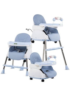 High chair 4 * 1 with 3 adjustable height levels, a footrest, a padded seat and a strong reinforcement, with a food tray with amusing games to attract attention, a safety belt, strong legs