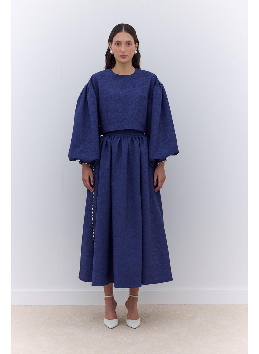 Manuka Pearl Detail Jacquard Skirt Midnight Blue  - Image 1