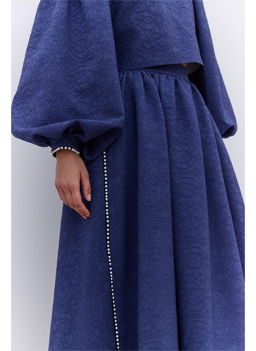 Manuka Pearl Detail Jacquard Skirt Midnight Blue  - Image 4
