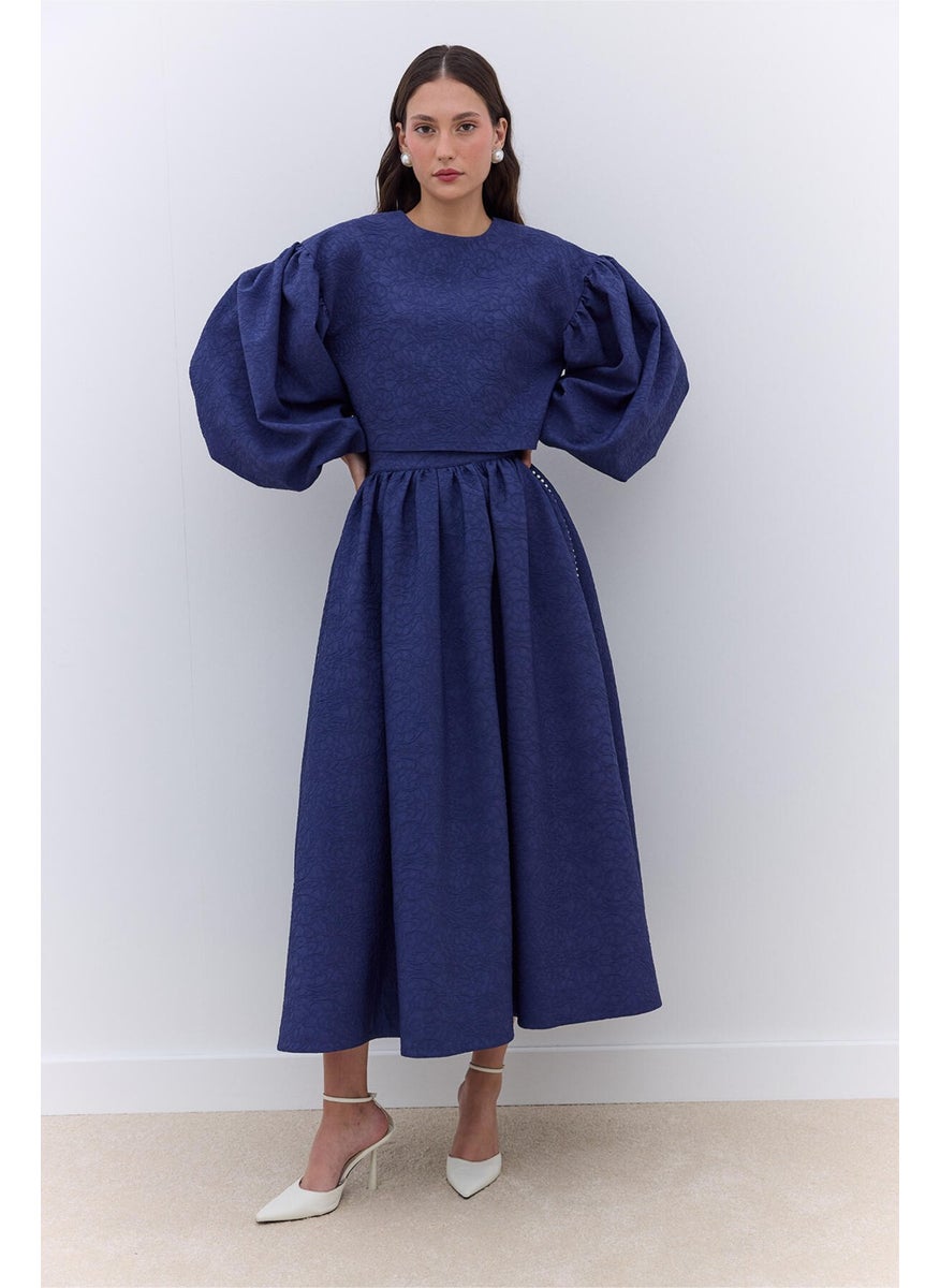 Manuka Pearl Detail Jacquard Skirt Midnight Blue  - Image 2