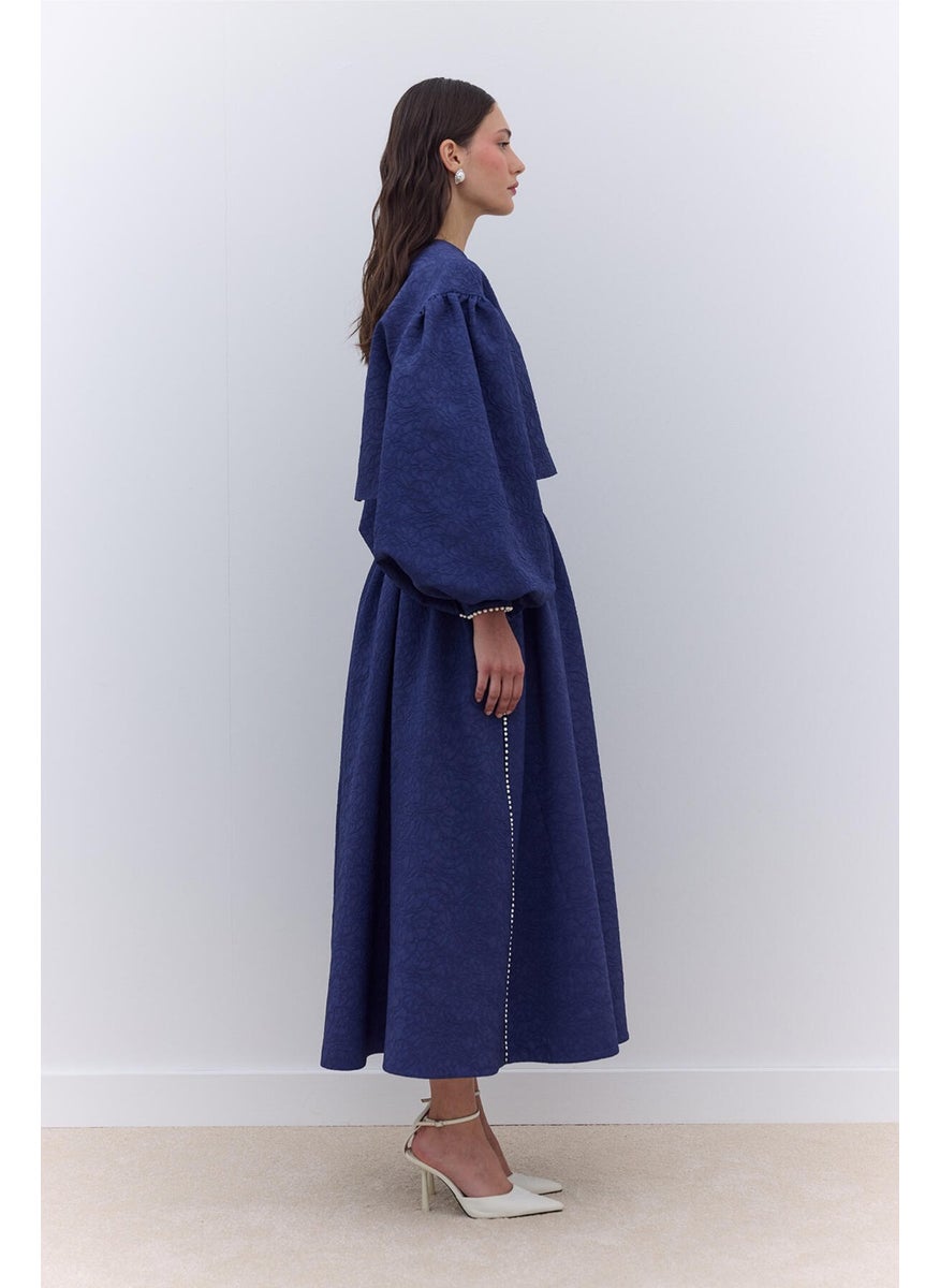 Manuka Pearl Detail Jacquard Skirt Midnight Blue  - Image 3